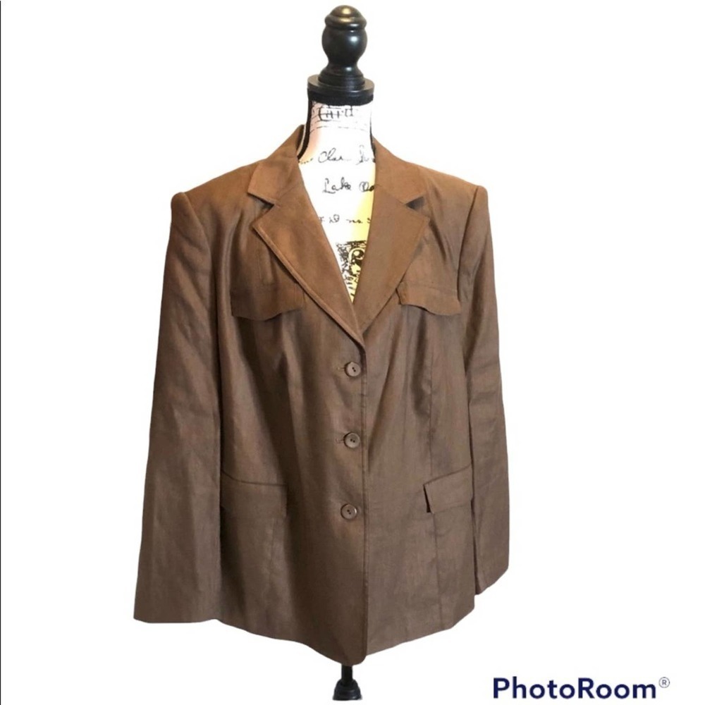 Talbots Blazer Jacket Brown 14W Stretch Woman Oversized Workwear linen blend